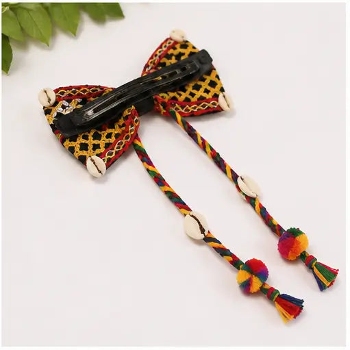 Set of 2 Navratri Hair Bow Alligator Clips – Handmade Multicolor Braided Ethnic Hair Accessories with Pom-Poms & Cowrie Shells