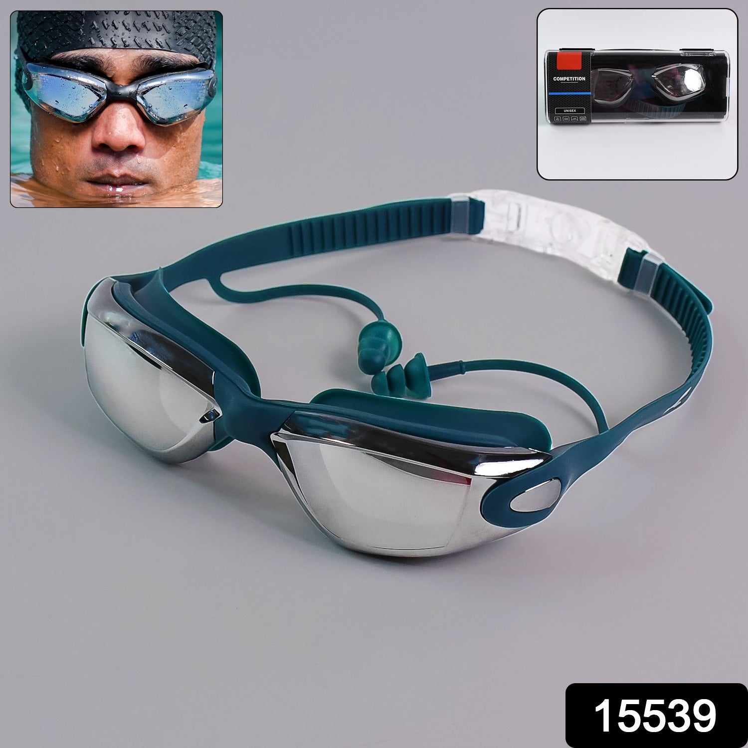 Anti-Fog Swimming Goggles – UV Protection with Mirrored Lenses & Earplugs Secondary image