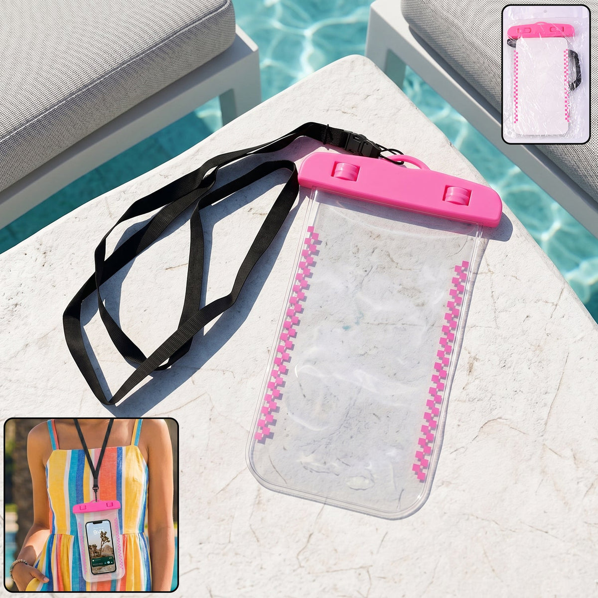 Main image of pink waterproof mobile pouch cover with lanyard Main image