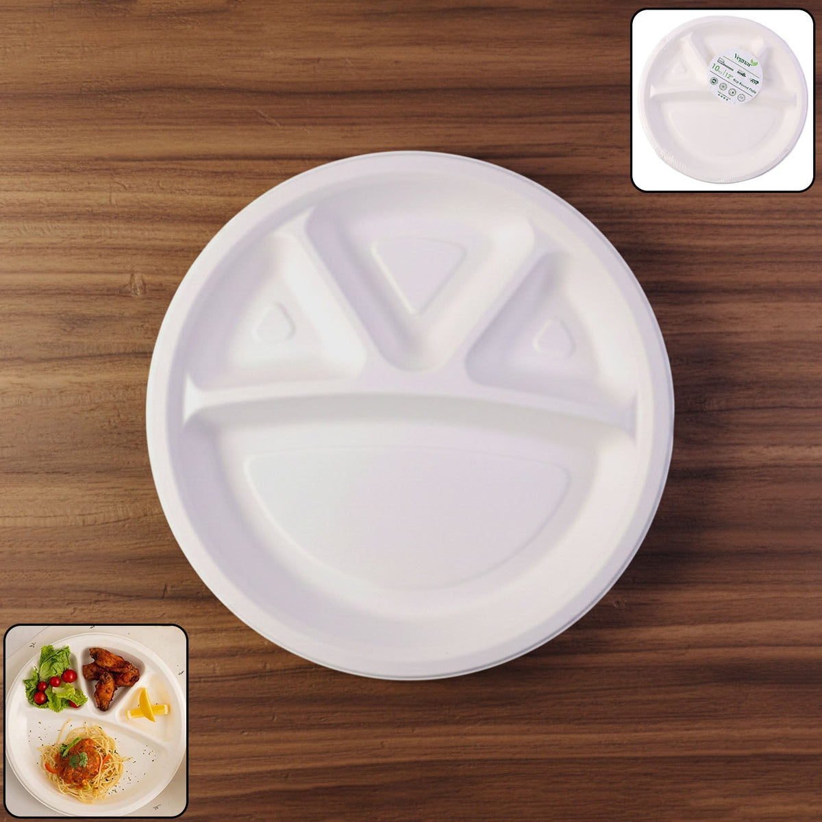 4 compartment disposable food serving plate showing separate meal sections Main image