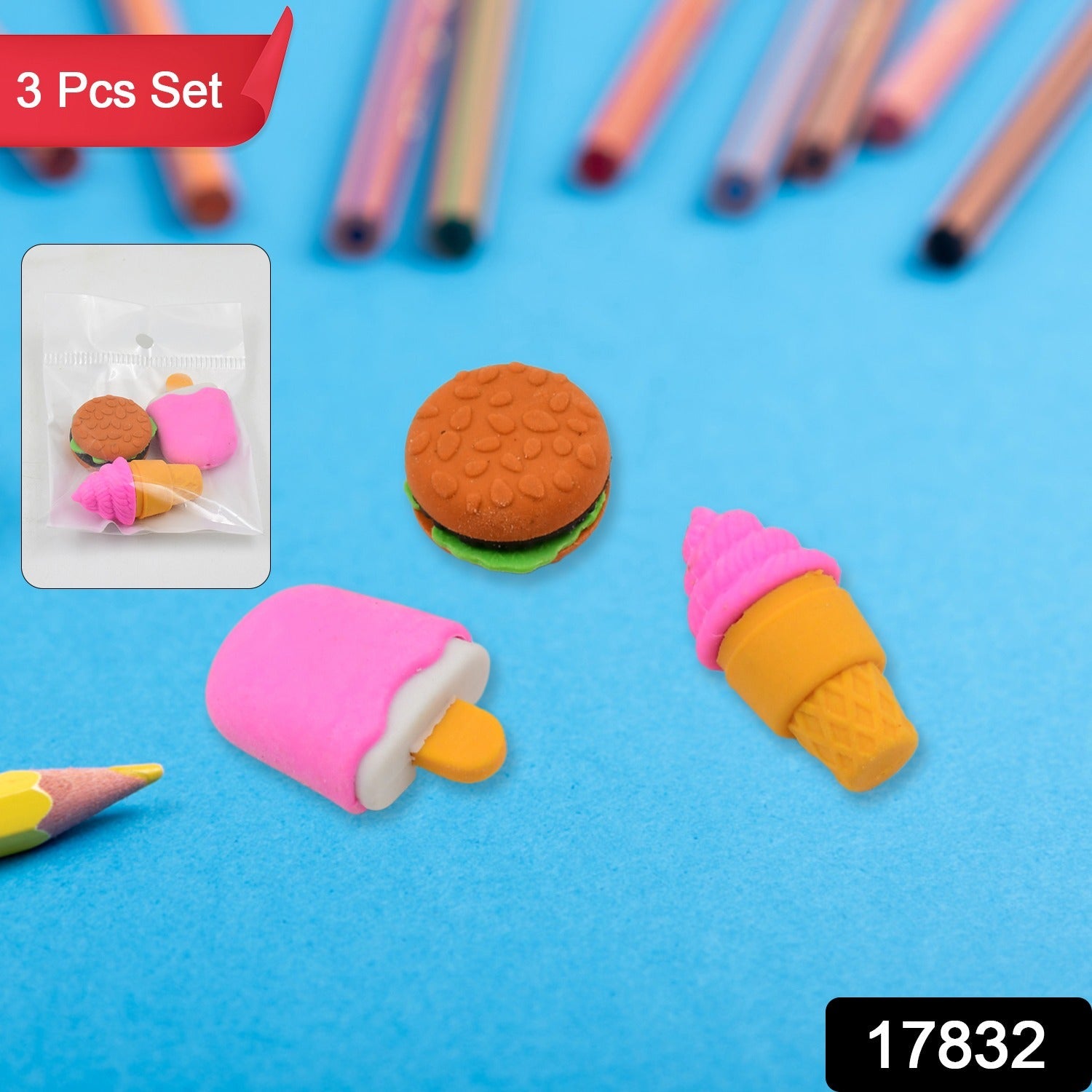 Fancy Erasers – Colourful 3 Pc Set for Kids School Supplies | Writezo Secondary image
