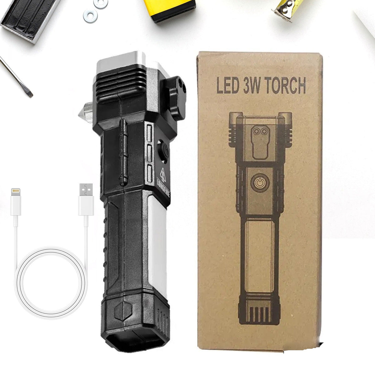 Indo Glow rechargeable LED torch showcasing its emergency hammer and glass cutter. Main image