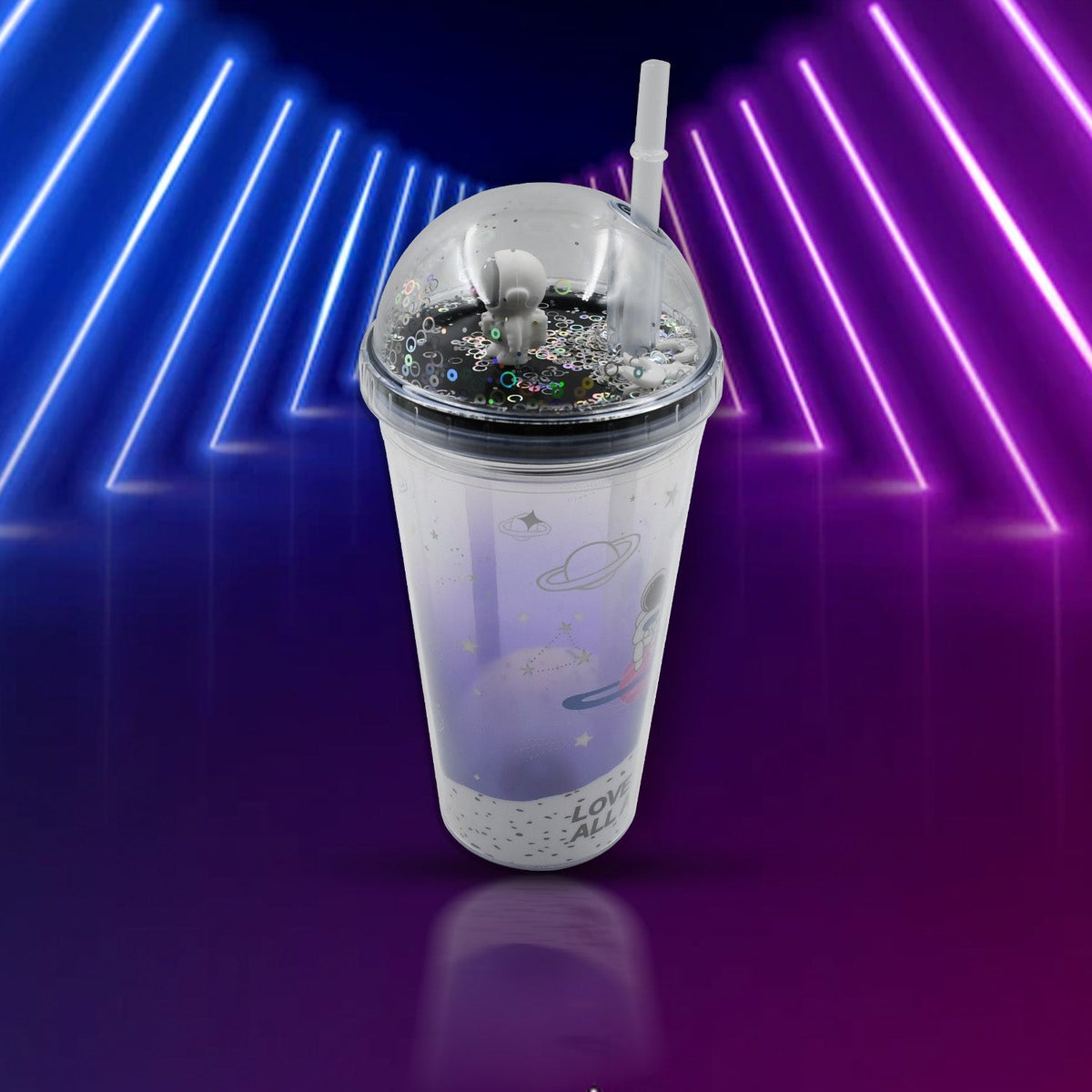 A vibrant blue astronaut tumbler with an LED glow, featuring a space-themed print and a straw. Main image