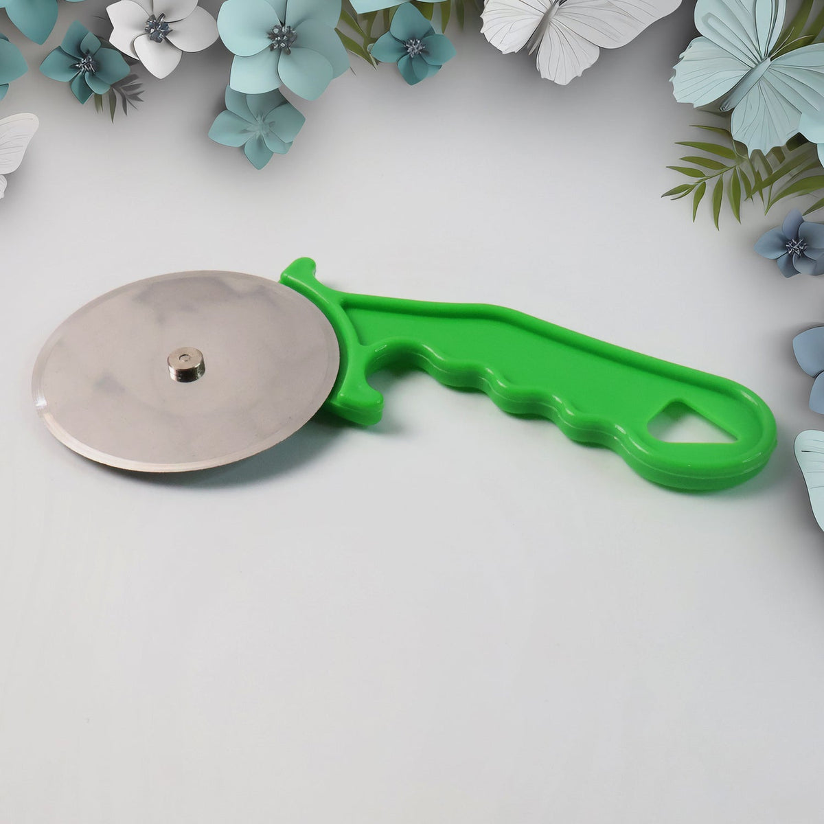 Quickslice stainless steel pizza cutter smoothly slicing a hot, cheesy pizza. Main image