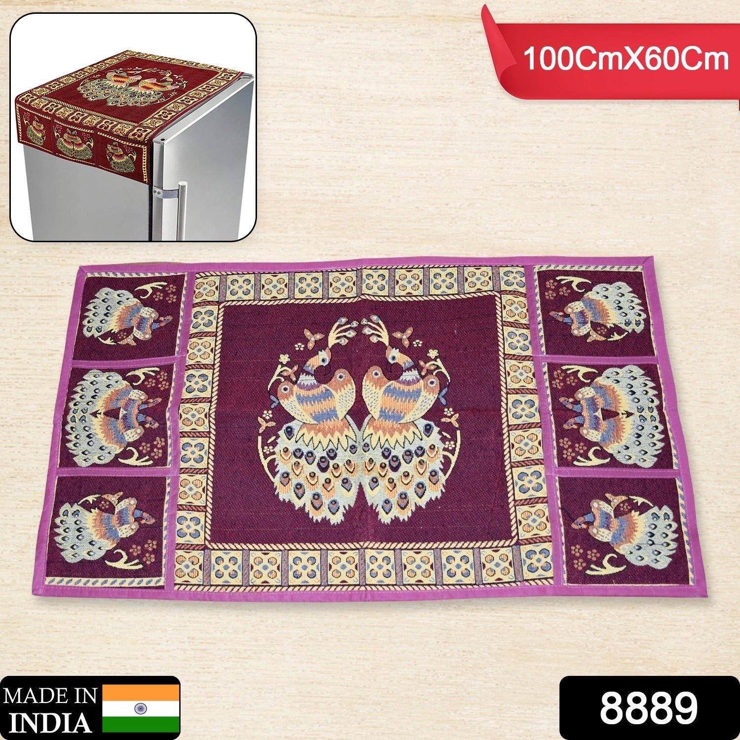 Cotton Fridge Top Cover – Peacock Design with Pockets | Dabster Secondary image