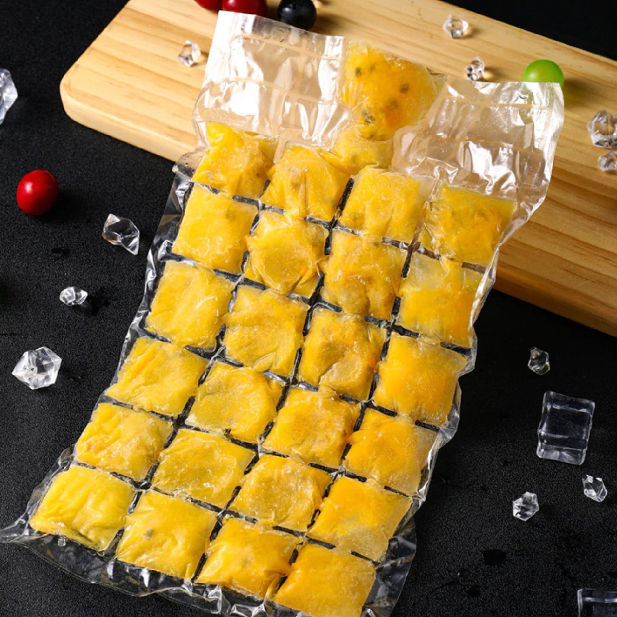 Multiple self-sealing disposable ice cube bags being filled with water for freezing. Main image