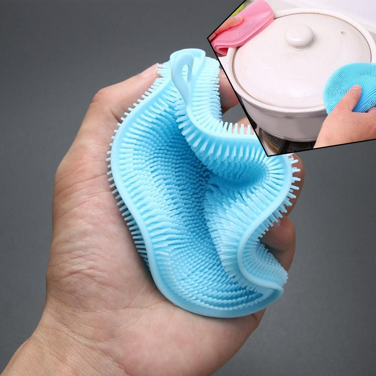 Assorted colors of the flexible silicone dish scrubber, ready for a sparkling clean kitchen. Main image