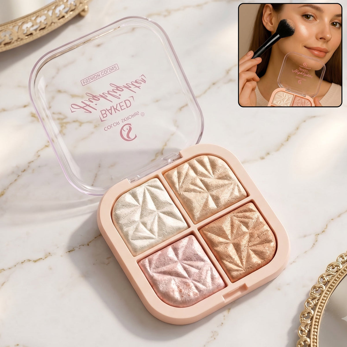 4 in 1 baked highlighter blusher palette with shimmer shades Main image
