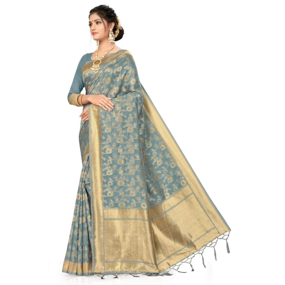 Generic Women's Banarasi (Spun Cotton) Saree (Grey,5-6 Mtrs) Secondary image