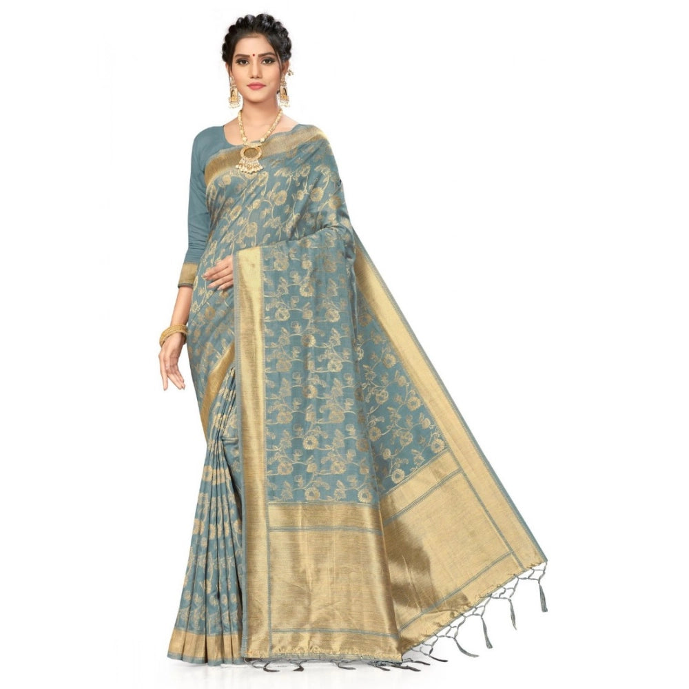 Generic Women's Banarasi (Spun Cotton) Saree (Grey,5-6 Mtrs) Main image