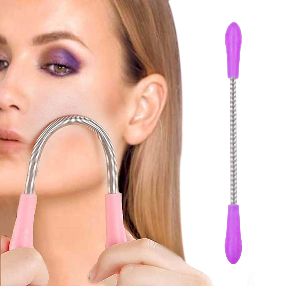 Woman demonstrating the use of a spring facial hair remover on her upper lip. Main image