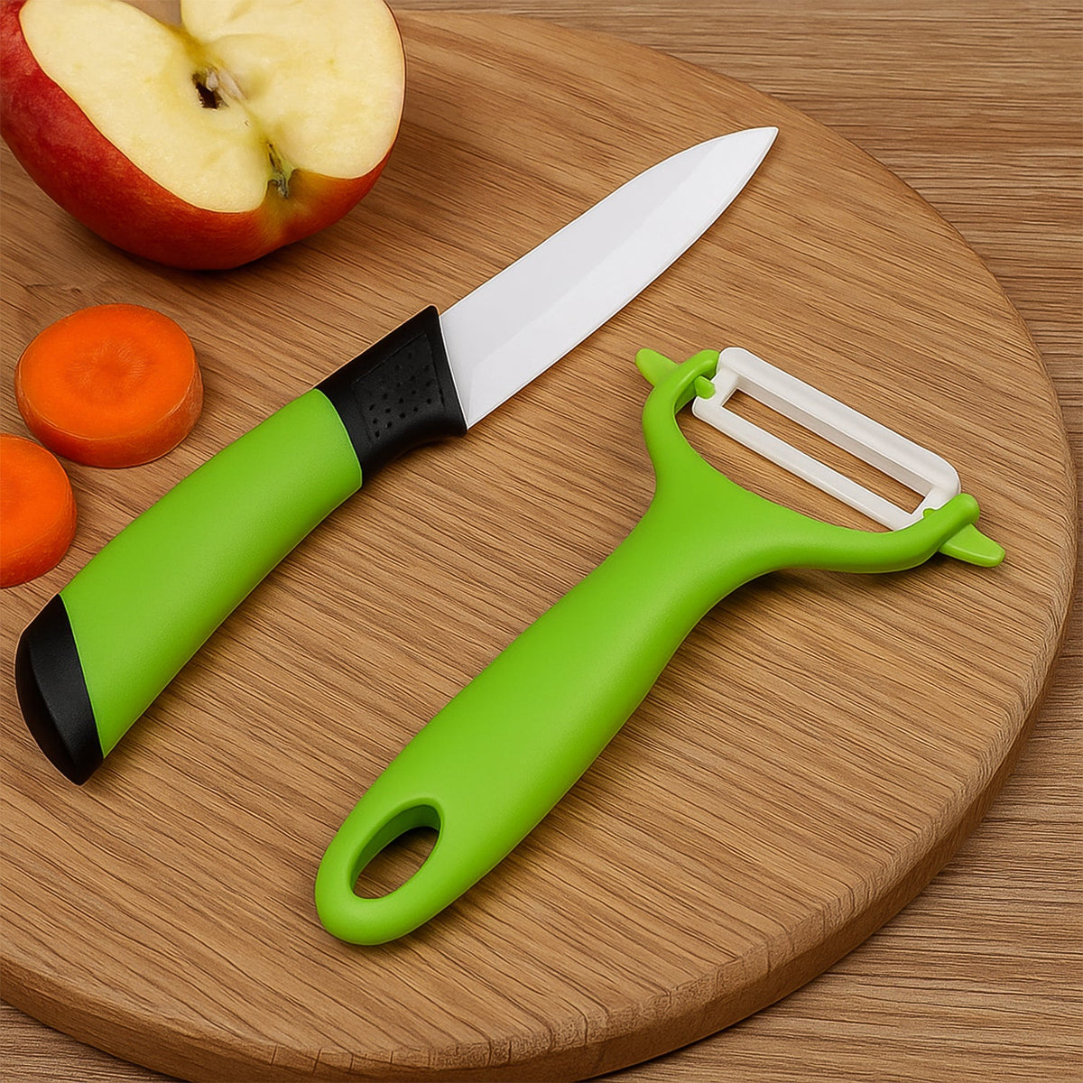 Two-piece Ceramic Knife Set and peeler from Indo Glow, displayed in its packaging. Main image