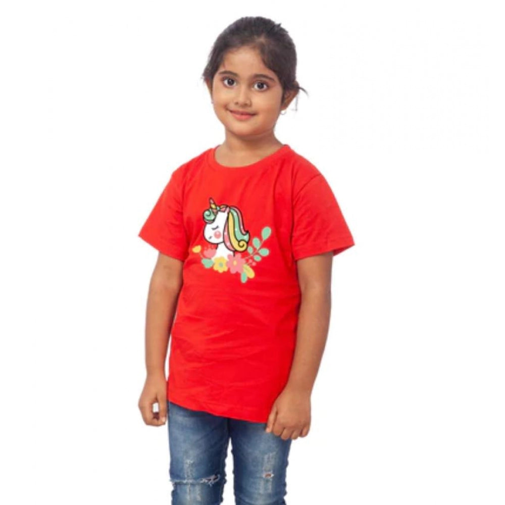 Generic Girls Cotton Unicorn Face Half Sleeve TShirt (Red) Secondary image