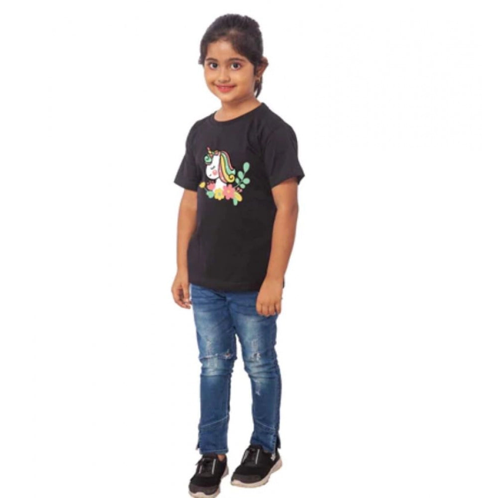 Generic Girls Cotton Unicorn Face Half Sleeve TShirt (Black) Main image