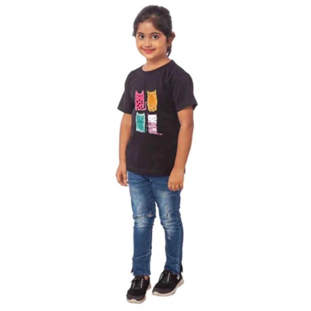 Generic Girls Cotton Cat Half Sleeve TShirt (Black) Main image
