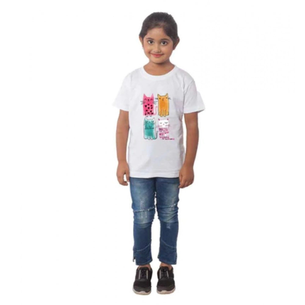 Generic Girls Cotton Cat Half Sleeve TShirt (White) Main image