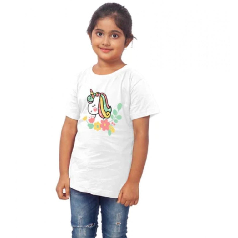 Generic Girls Cotton Unicorn Face Half Sleeve TShirt (White) Secondary image