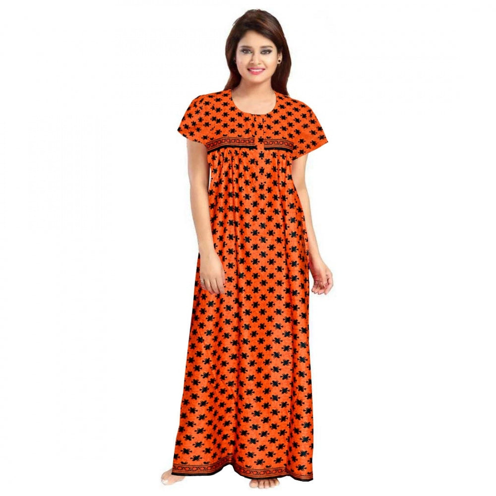 Generic Women's Cotton Printed Maxi Nighty (Orange) Main image