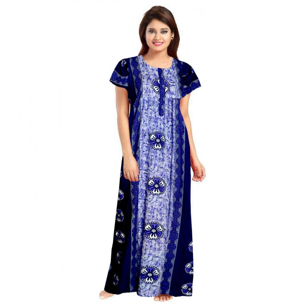 Generic Women's Cotton Printed Maxi Nighty (Blue) Main image