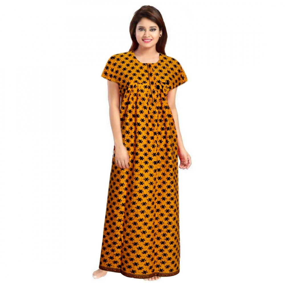 Generic Women's Cotton Printed Maxi Nighty (Mustard) Main image