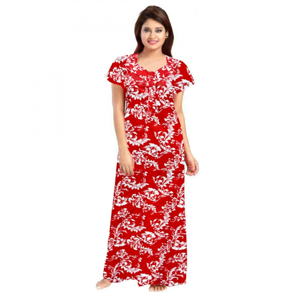 Generic Women's Cotton Printed Maxi Nighty (Red) Main image