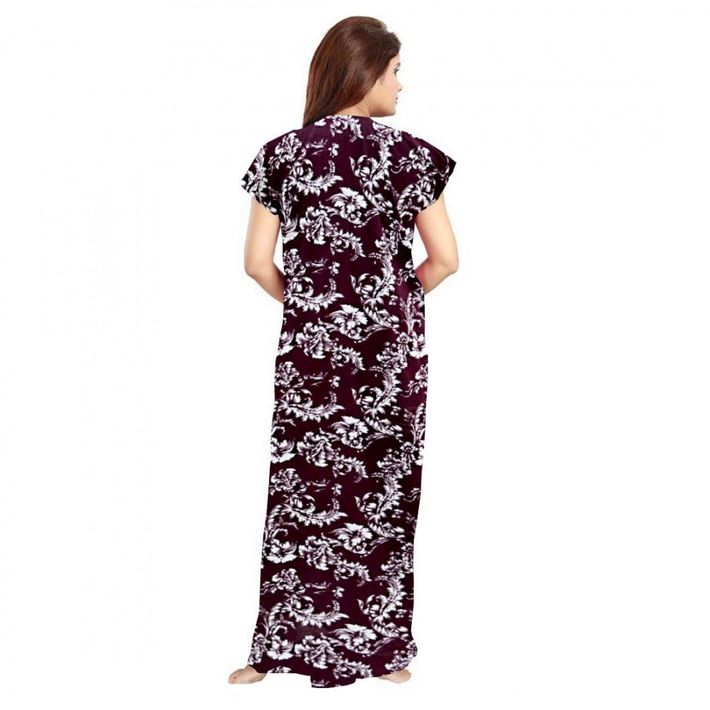 Generic Women's Cotton Printed Maxi Nighty (Wine) Secondary image