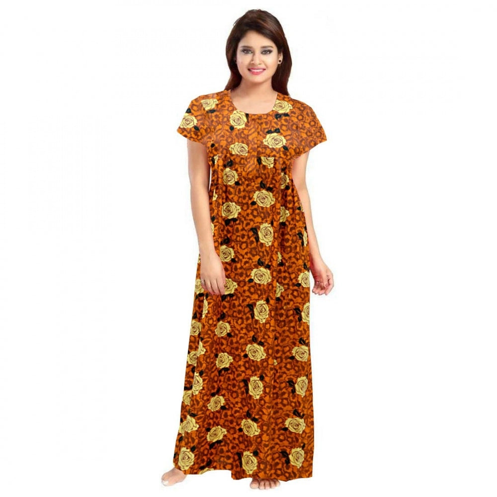 Generic Women's Cotton Printed Maxi Nighty (Mustard) Main image