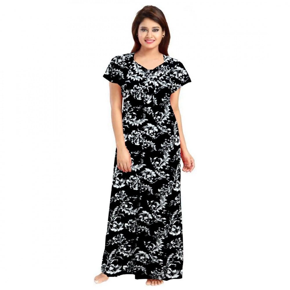 Generic Women's Cotton Printed Maxi Nighty (Black) Main image