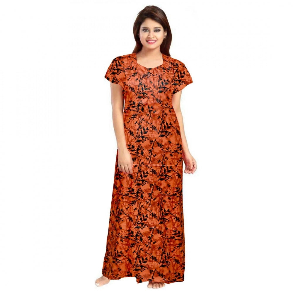 Generic Women's Cotton Printed Maxi Nighty (Orange) Main image
