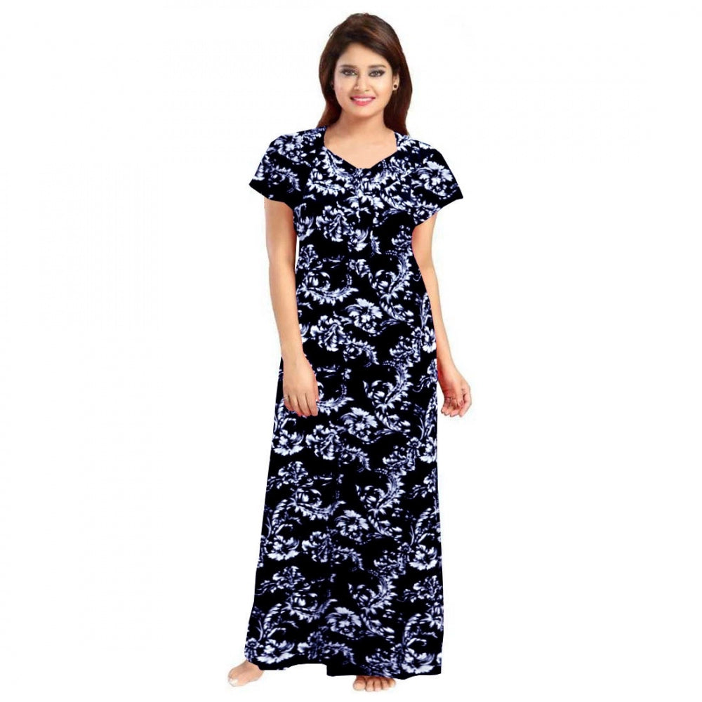 Generic Women's Cotton Printed Maxi Nighty (Blue) Main image