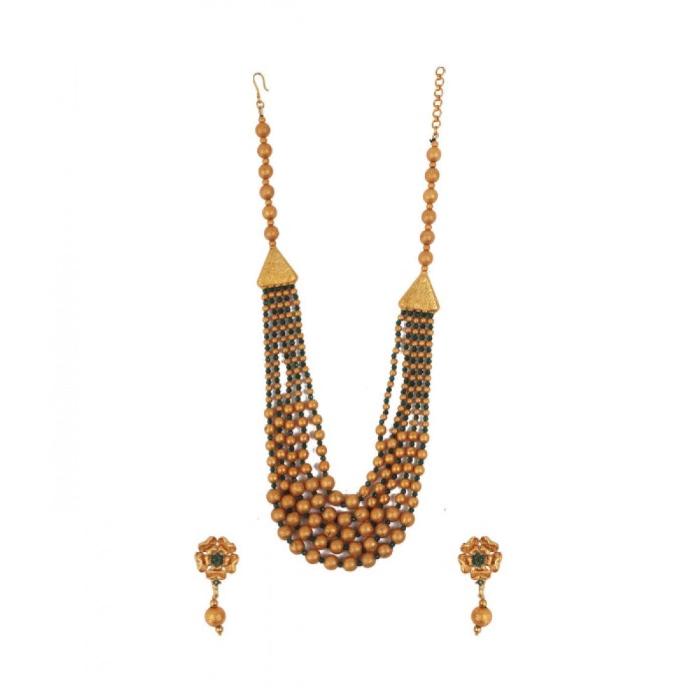 Generic Women's Ethnic Five Layer Brass Mala With Crystal For Women And Girls (Green, Free Size) Main image