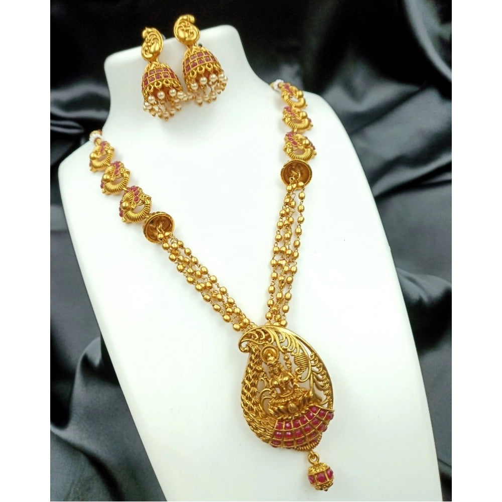 Generic Women's Gold Plated Necklace and Earrings Set with Antique Finish (Red, Free Size) Main image