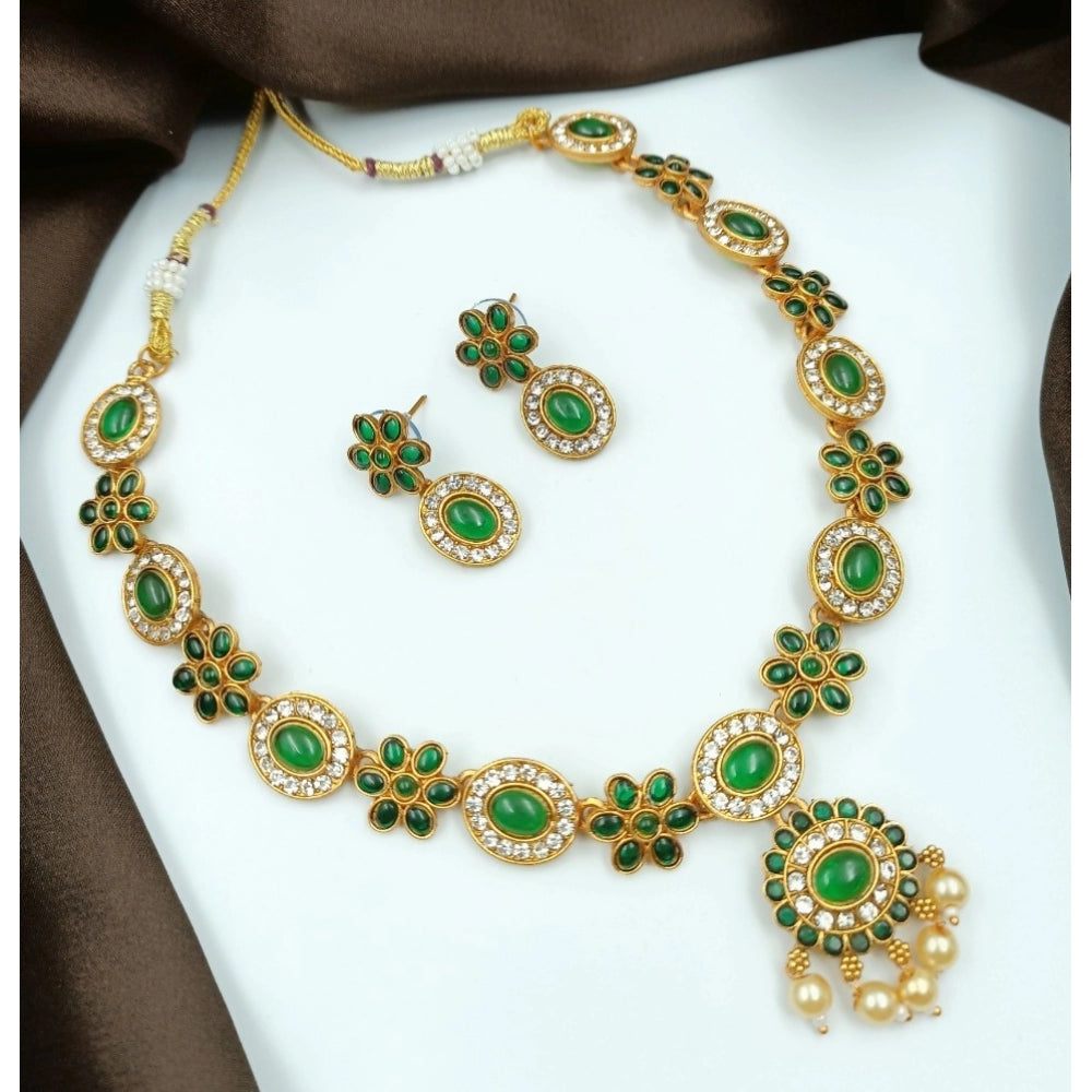 Generic Women's Temple Elegance Gold Plated Necklace and Earrings Set (Green, Free Size) Main image