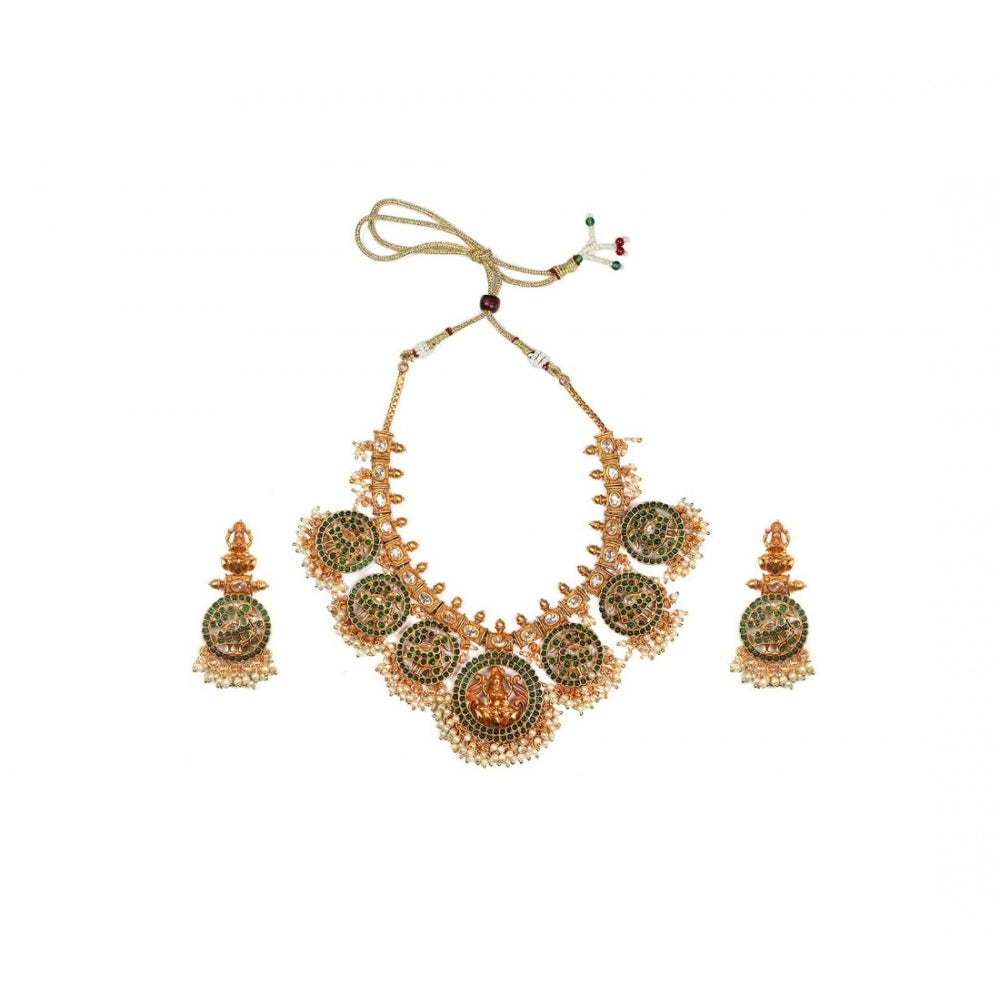Generic Women's Goddess Glamour Gold Plated Temple Necklace and Jhumka Set (Green, Free Size) Main image