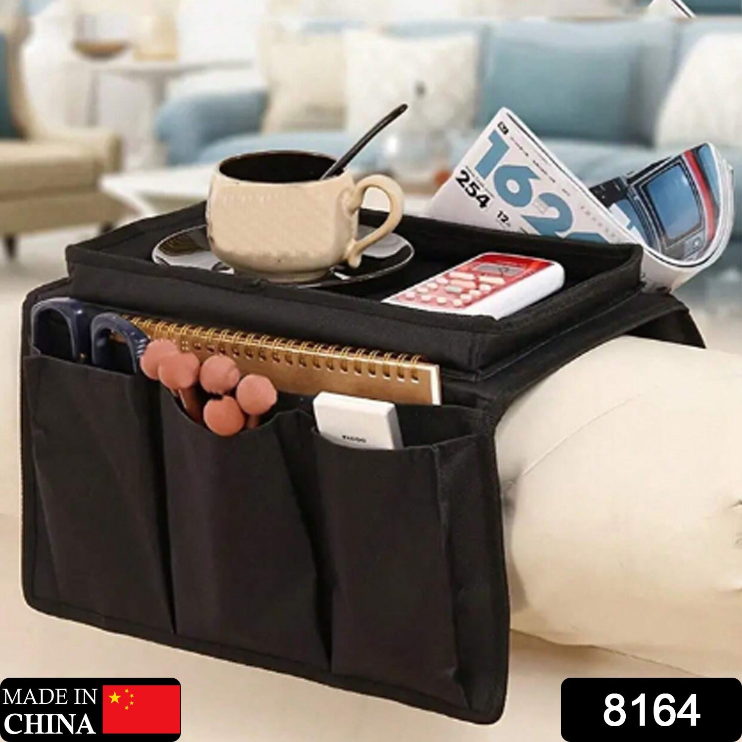 Sofa Armrest Organizer – Black Storage Caddy with Tray | Organivo Secondary image
