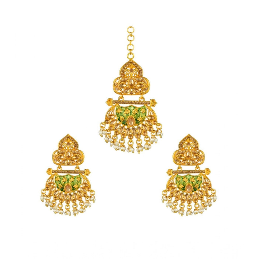 Generic Women's Rose Gold Plated Alloy Kundan Earrings &amp; Mangtikka (Green) Secondary image