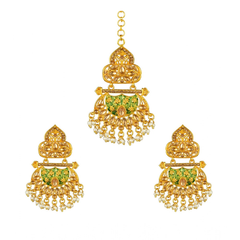 Generic Women's Rose Gold Plated Alloy Kundan Earrings &amp; Mangtikka (Green) Main image