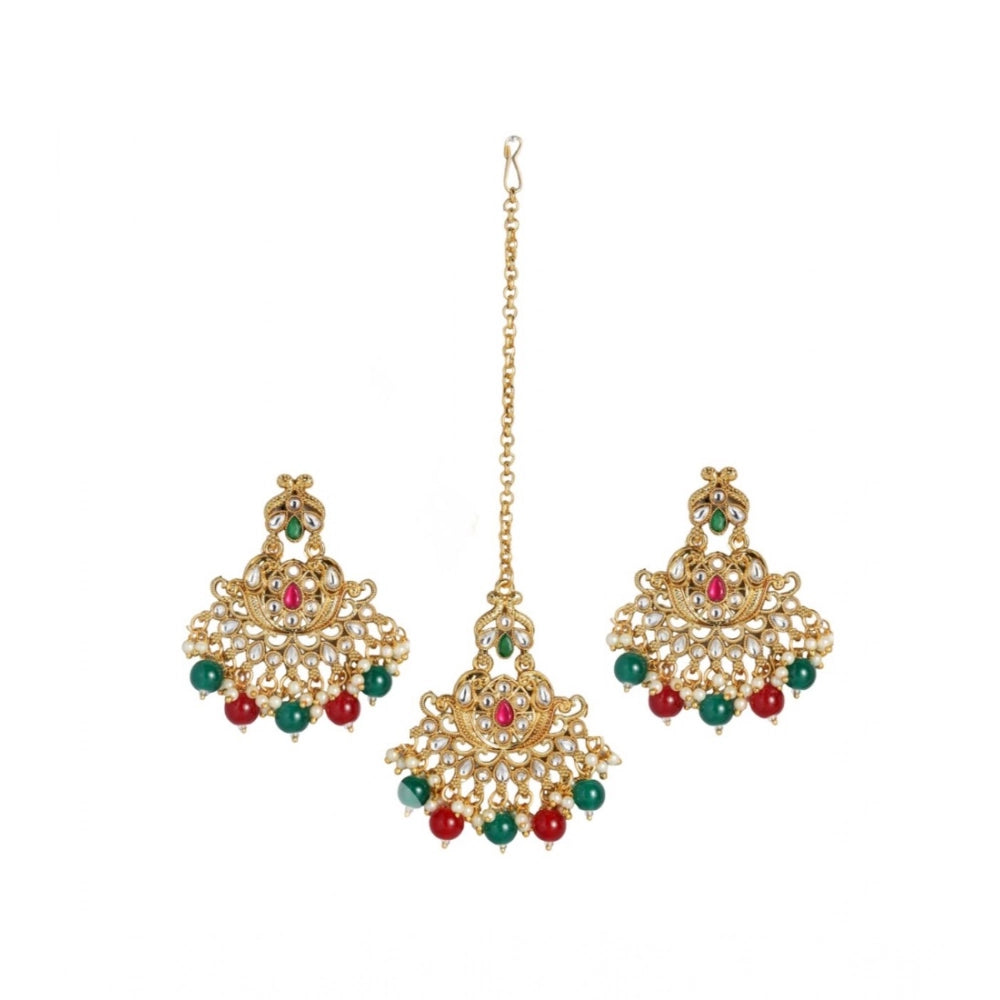 Generic Women's Rose Gold Plated Alloy Kundan Earrings &amp; Mangtikka (Red &amp; Green) Main image