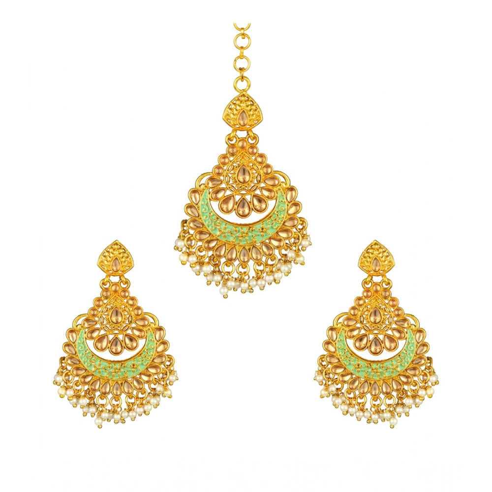 Generic Women's Rose Gold Plated Alloy Kundan Earrings &amp; Mangtikka (Green) Main image