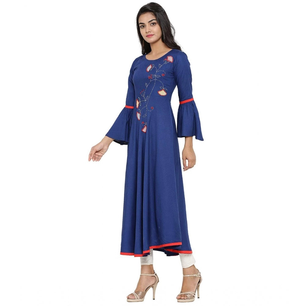 Generic Women's Casual Bell Sleeves Embroidery Rayon Kurti (Blue) Secondary image