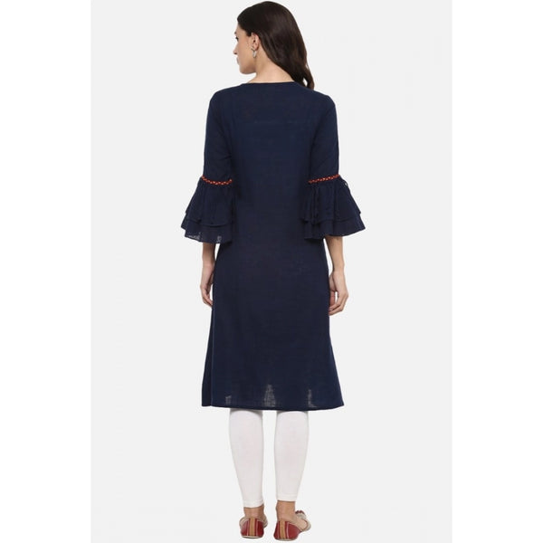 Generic Women's Casual Bell Sleeves Solid Cotton Slub Kurti (Blue)