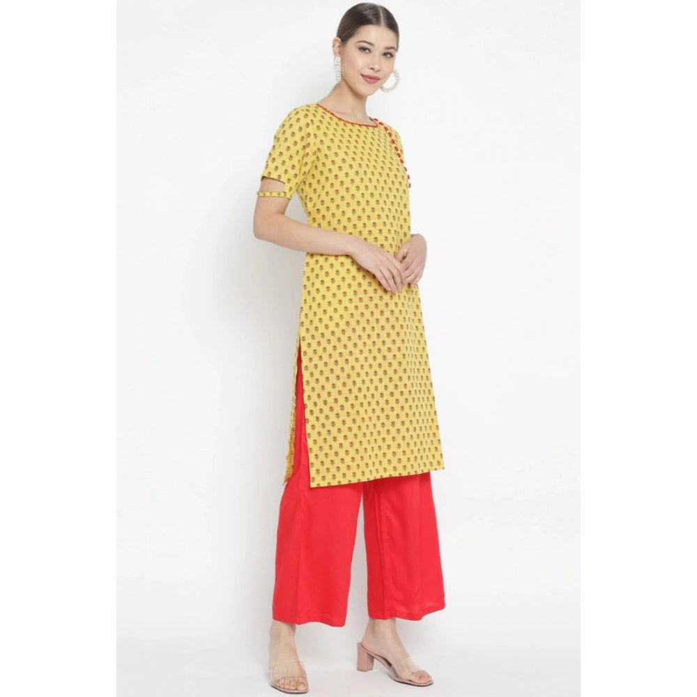Generic Women's Casual Short Sleeves Floral Printed Cotton &amp; Rayon Kurti Palazzo Set (Yellow &amp; Red) Secondary image