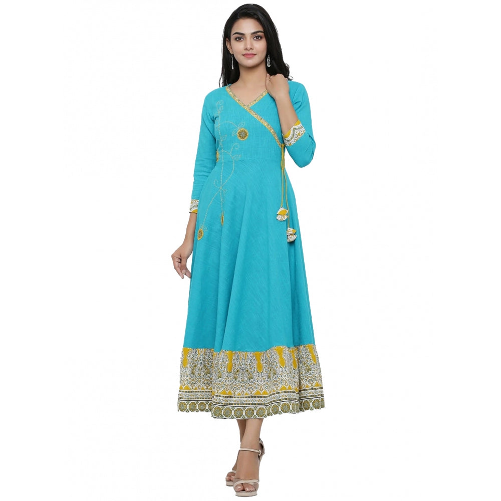 Generic Women's Casual 3/4 th Sleeve Embroidery Cotton Blend Kurti (Torque Green) Main image