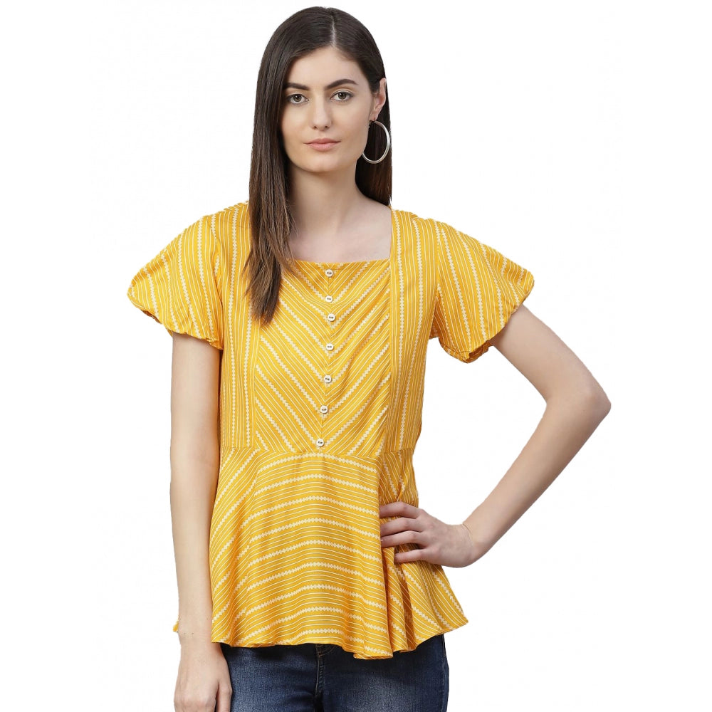 Generic Women's Casual Short Sleeves Stripe Printed Rayon Top (Mustard) Main image