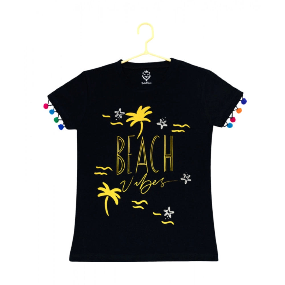 Generic Girl's Casual Short Sleeve Printed Cotton T Shirt (Black) Main image