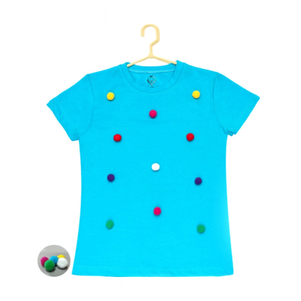 Generic Girl's Casual Short Sleeve Pom Pom Balls Cotton T Shirt (Blue) Main image