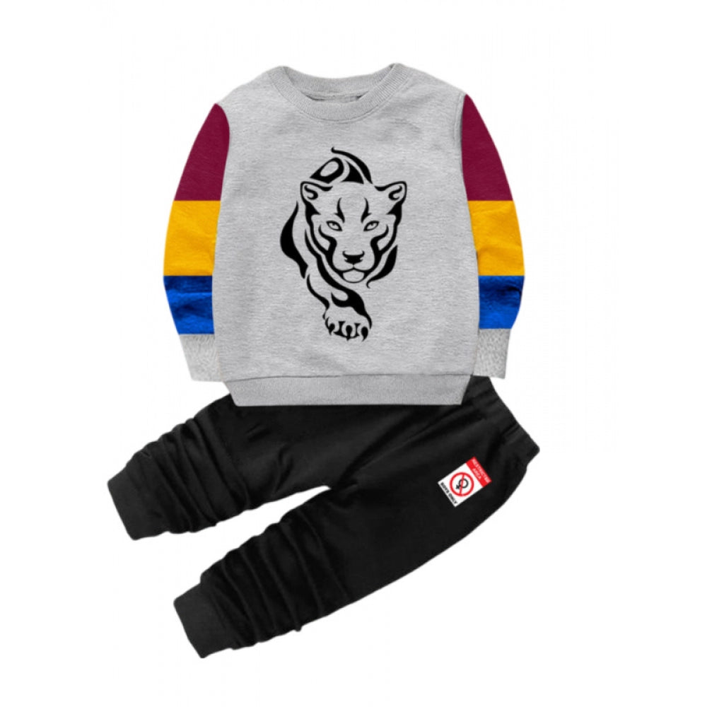 Generic Boy's Casual Full Sleeve Printed Cotton T Shirt With Pant (Grey) Main image