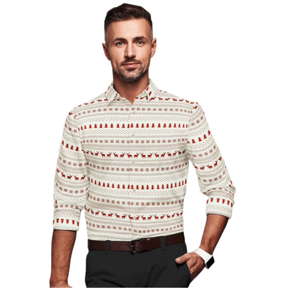 Generic Men's Cotton Blended Printed Full Sleeve Shirt (White-Red) Main image