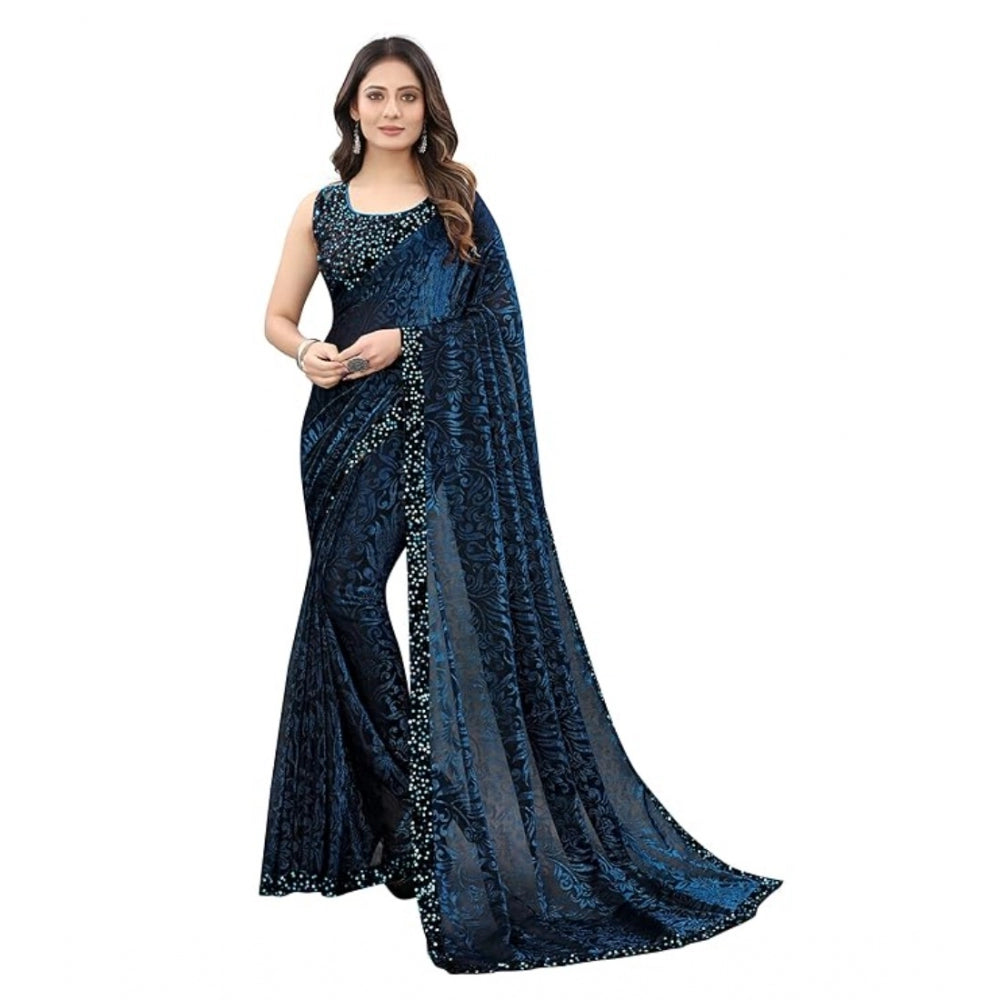 Generic Women's Lycra Floral Saree With Unstitched Blouse (Blue, 5.5 Mtr) Main image
