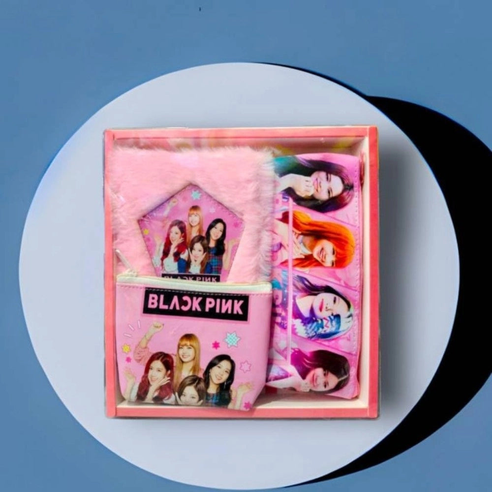 3 in 1 Black Pink BTS Stationery Set With 2 Pouchs And 1 Packet Dairy | Soft Furr | Stationery | 5+ Years Secondary image